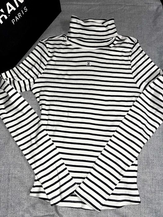 поло блуза яка рае черно бяла черна бяла шанел дълъг ръкав chanel