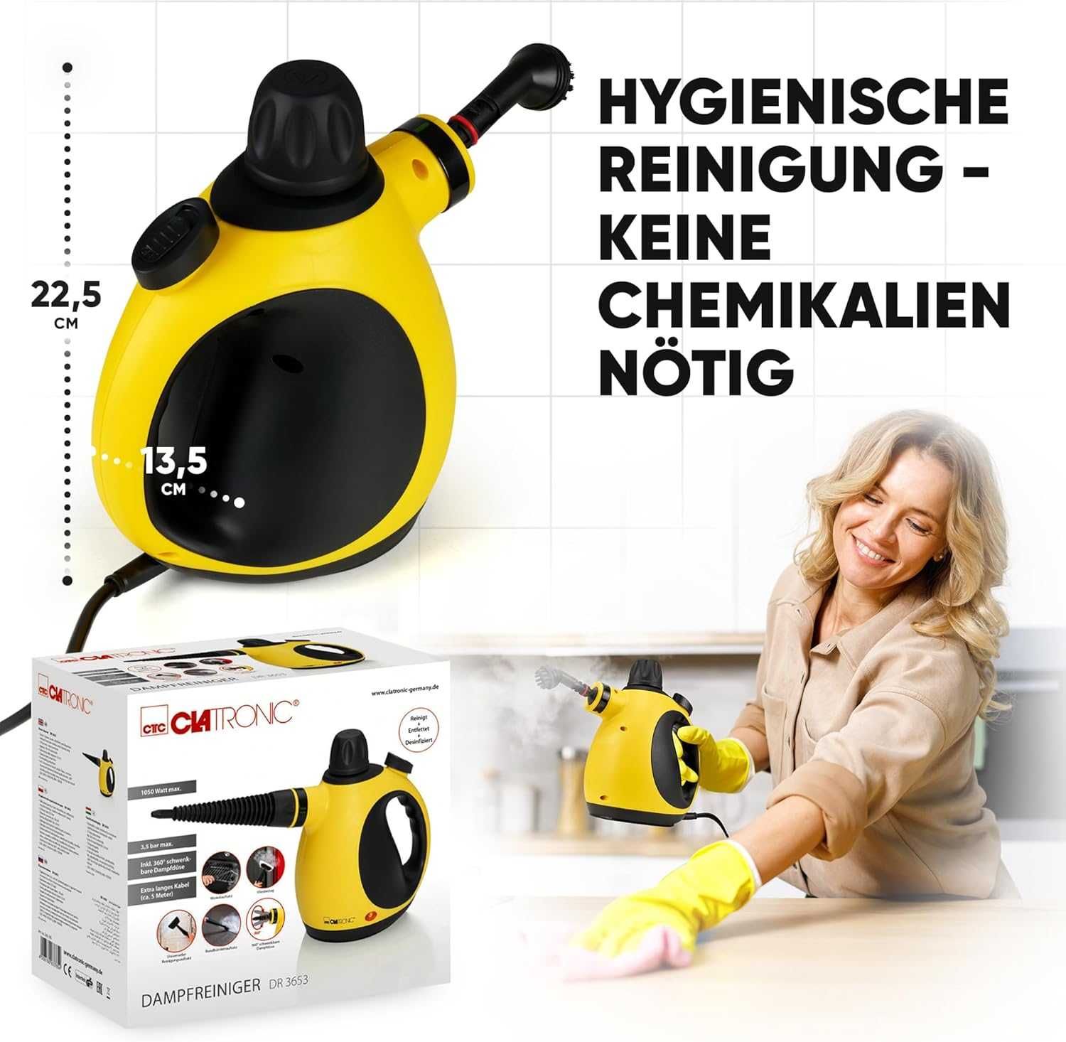 Парочистачка Clatronic DR 3653, 250мл, 3.5 бара, 1050W, Черен / Жълт
