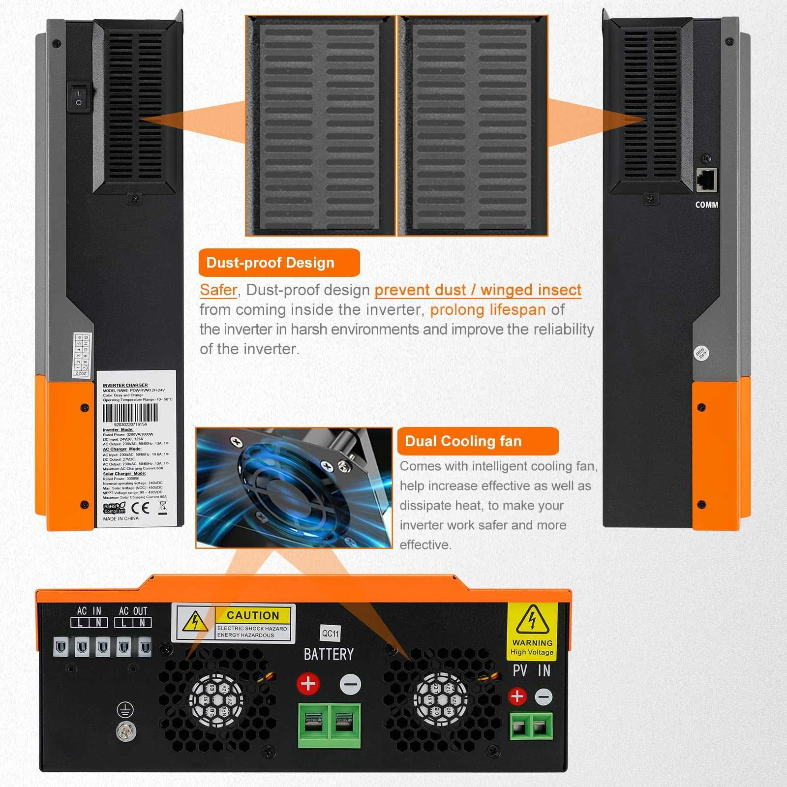 Invertor solar hibrid PowMr, 24V 3.2KW cu Wifi