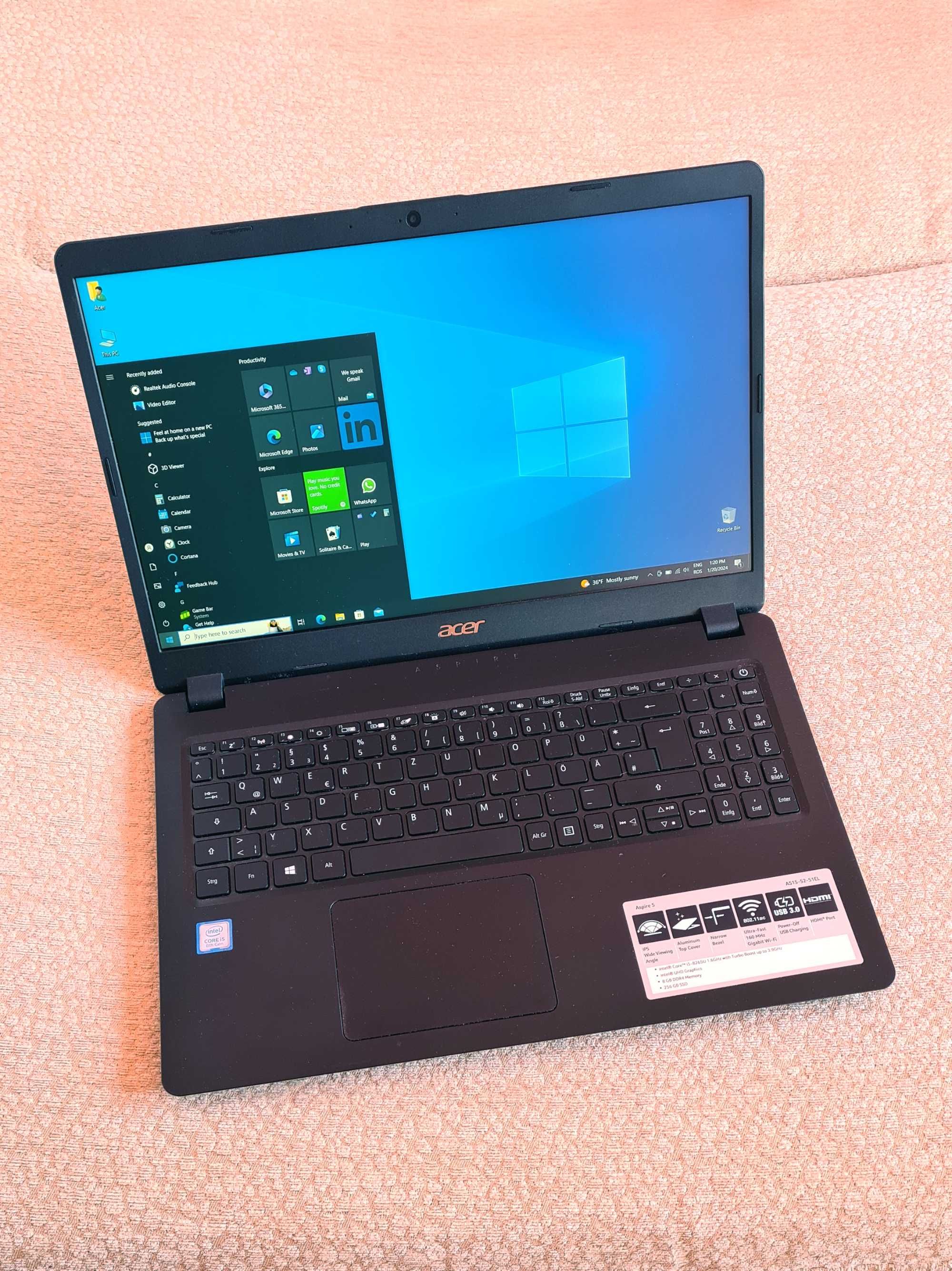 Laptop Acer 15" FHD IPS, i5-8265U, 8 GB RAM, SSD 256 GB, Taste lumina