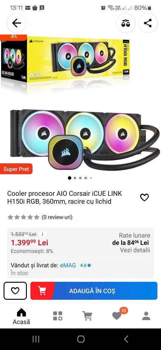 Cooler procesor AIO Corsair iCUE LINK H150i RGB, 360mm, racire cu lich