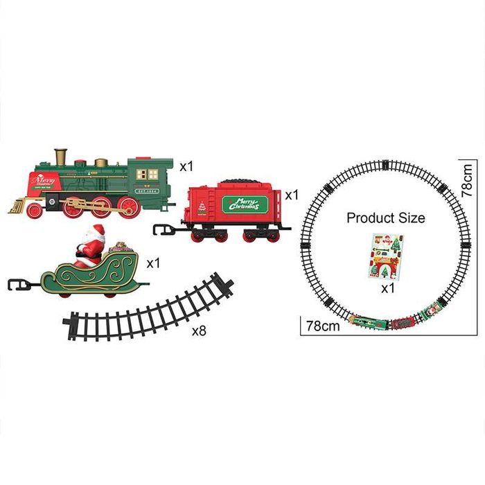 Коледно влакче на релси със светлина и пара