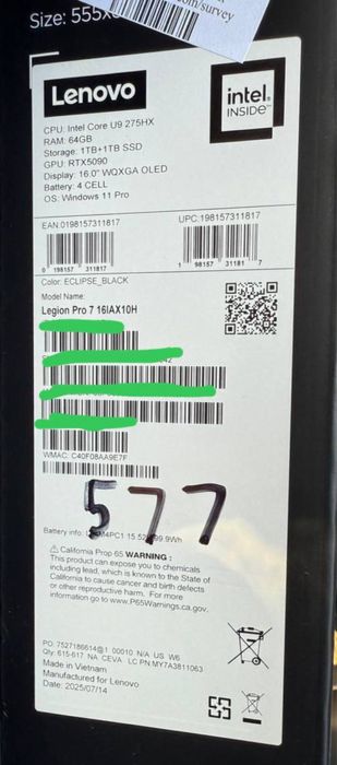 Legion 7 Pro Core U9-275HX, RTX 5090-24gb, 64 ozu 2 tb ssd, 16.0 OLED