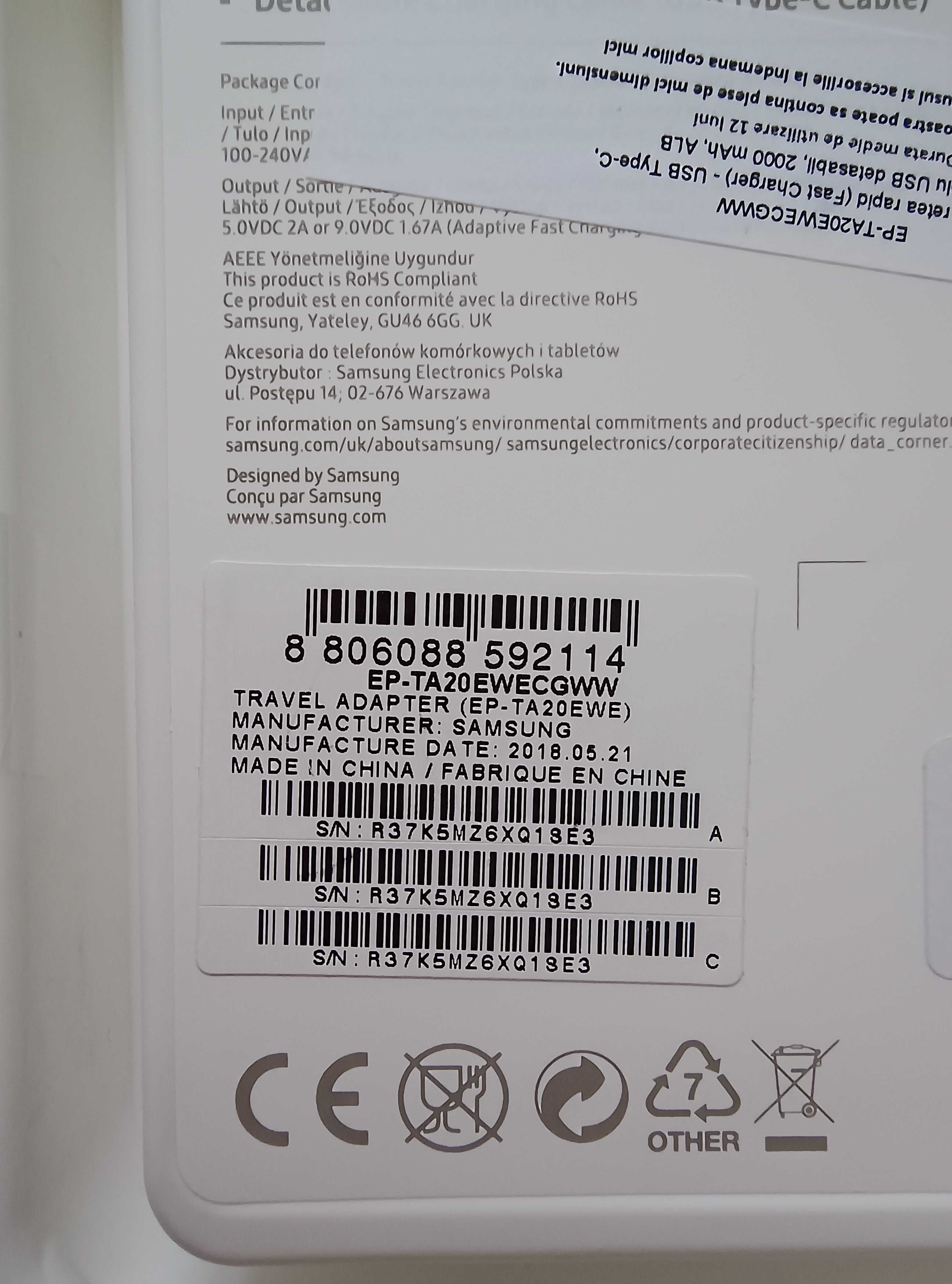 Încărcător Samsung USB-C fast charging 15W cablu inclus. Alb. Sigilat!