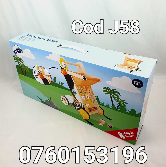 Premergator colorat din Lemn cu activitati in stil Tucan-Cu Roti-J58