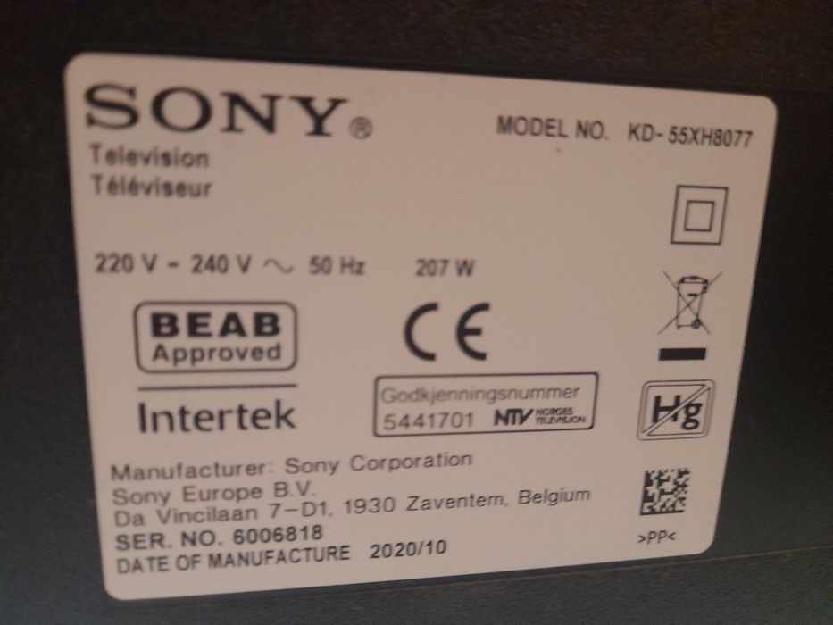 Телевизор Sony MODEL NO. KD- 55XH8077