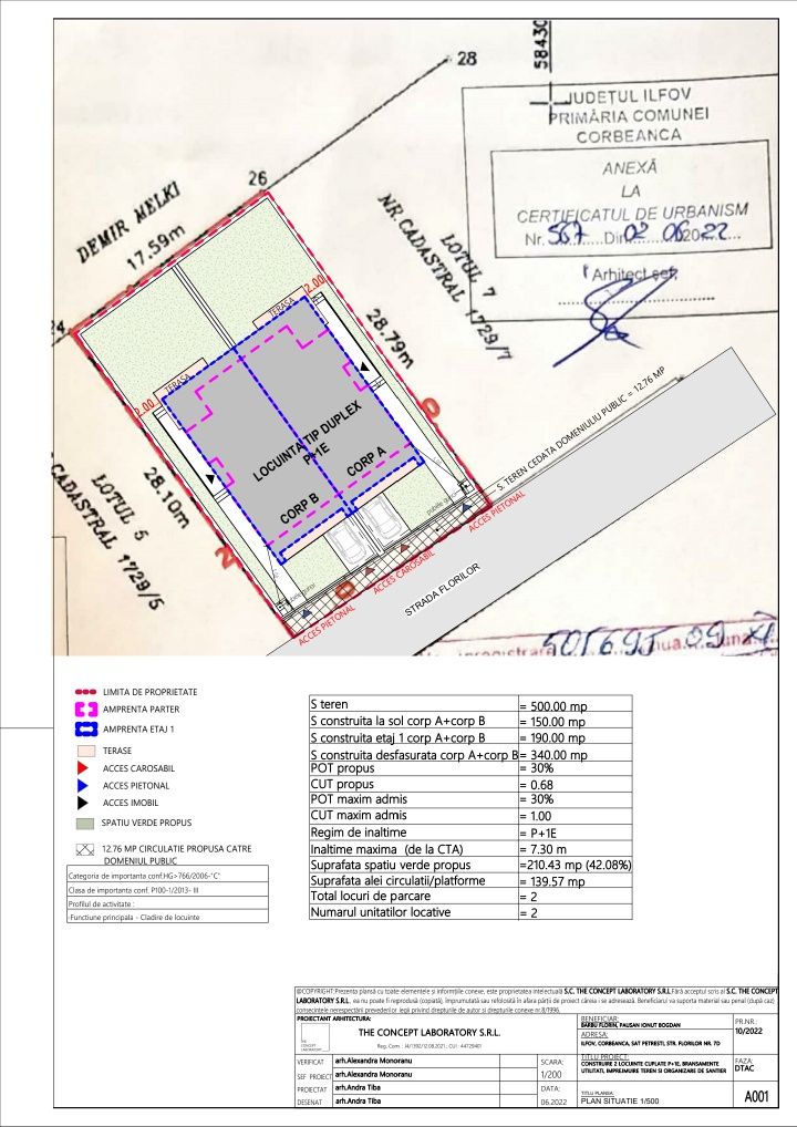 Vand teren 500 mp cu sau fara proiect si autorizatie de duplex