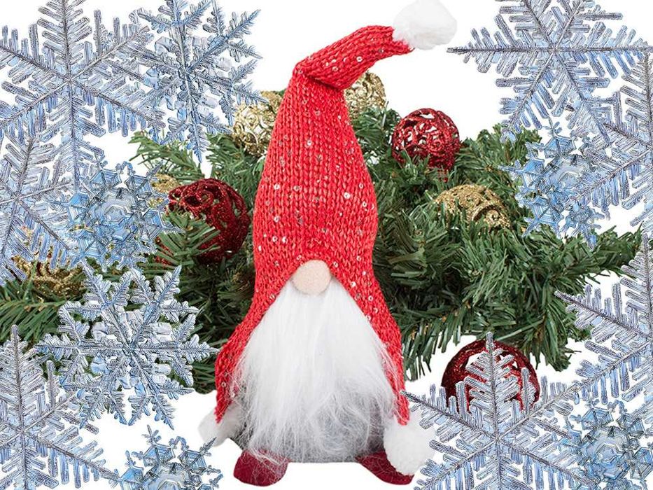 Decoratiune craciun gnom cu palarie si barba lunga 30 cm rosu-gri