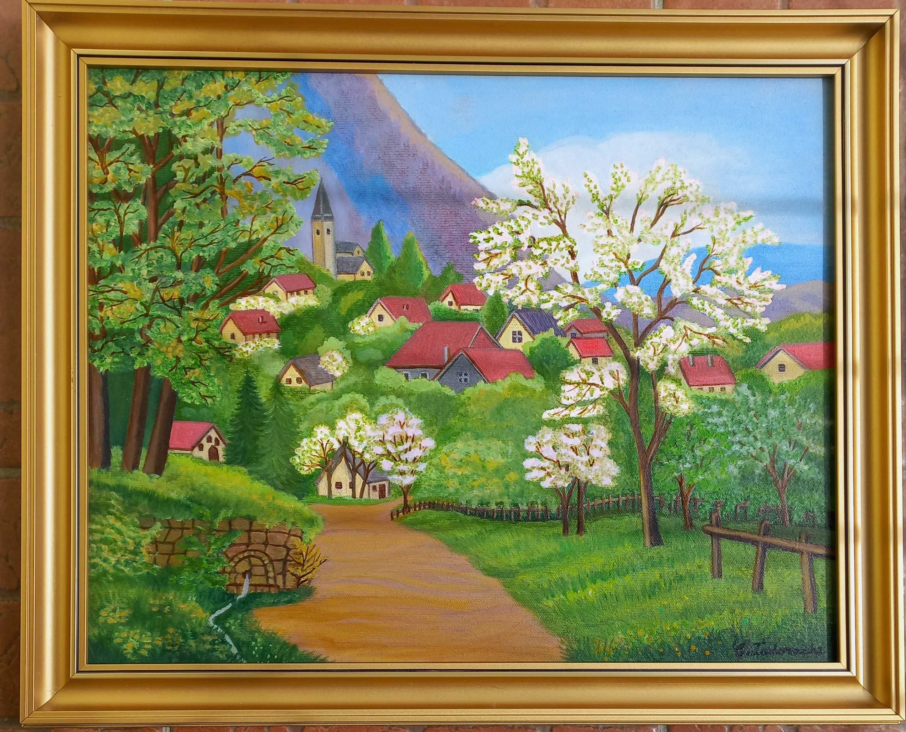 Tablou PEISAJ DE PRIMAVARA, cu rama 57x47 cm, pictat in ulei pe panza