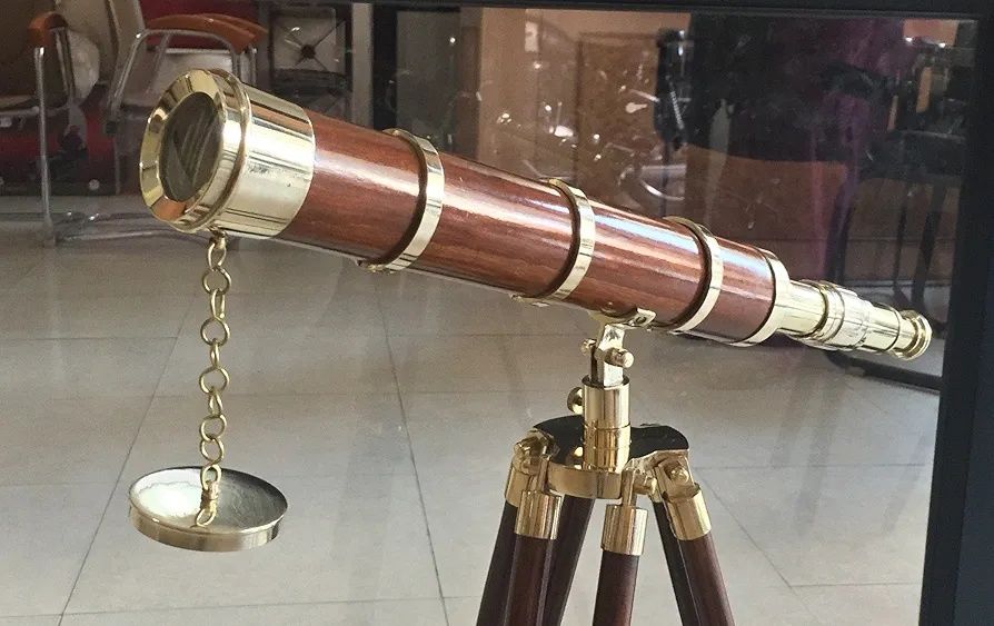 Superb telescop antic din alama masiva și trepied din lemn ,piesă cole