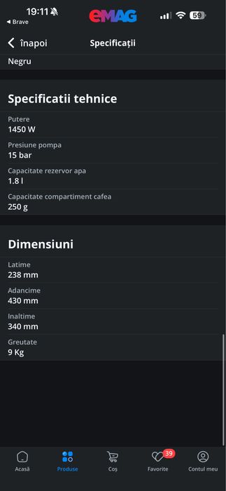 Espressor automat DeLonghi Magnifica S ECAM 23.260.B, 1450W, 1.8L, 15