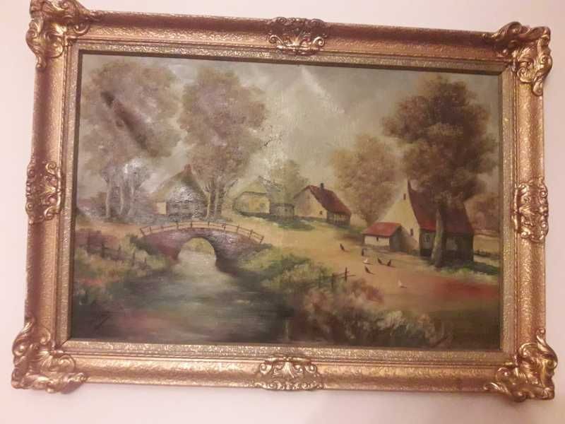 Tablou pictura pe panza semnat rama din lemn deosebita vintage