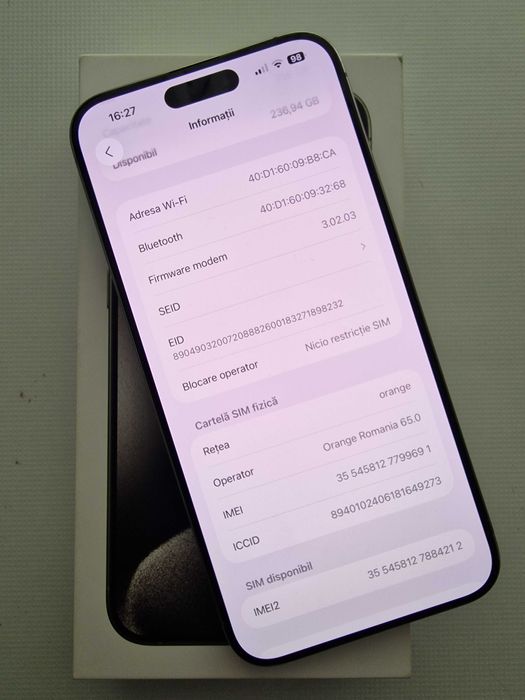 iPhone 15 Pro Max , 256 Gb , 89% sanatate baterie , IMPECABIL !