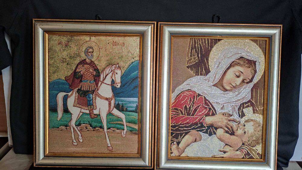 2 везани/бродирани картини/икони Богородица и св.Мина