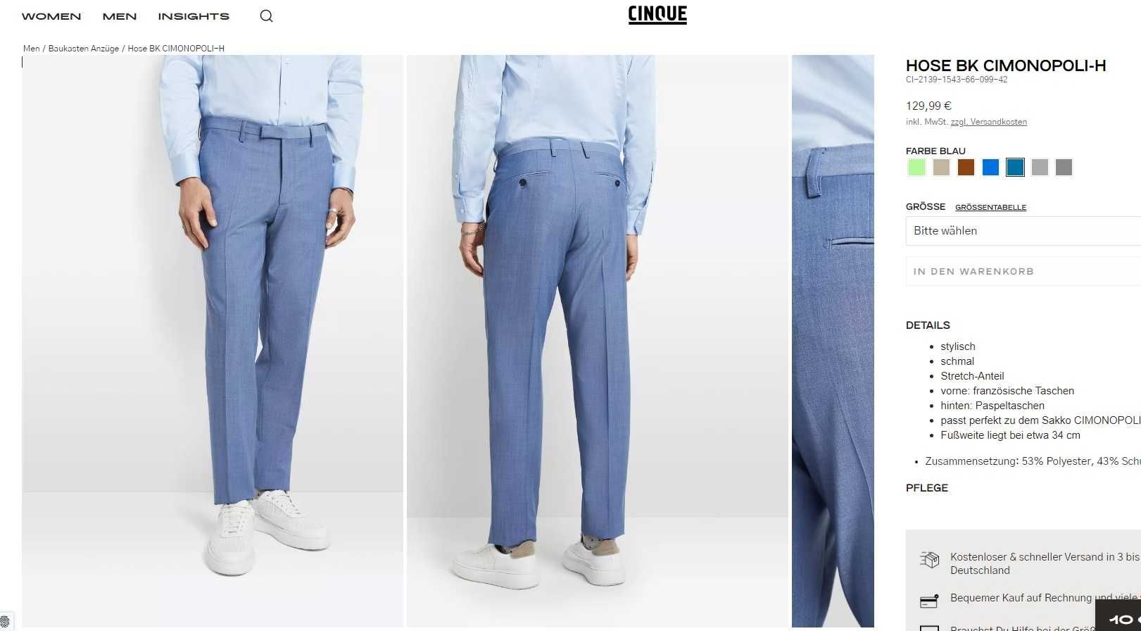 Pantaloni slim L XL premium CINQUE noi lana tesatura fina bleu ciel