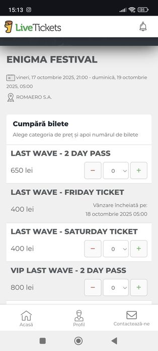 Vand 2 bilete Enigma concert valabil astazi One day Pass- 18.10.2025