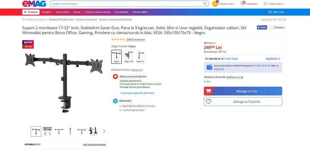 Suport birou 2 monitoare 13-32" dublu-articulat, REDUS de la 250RON