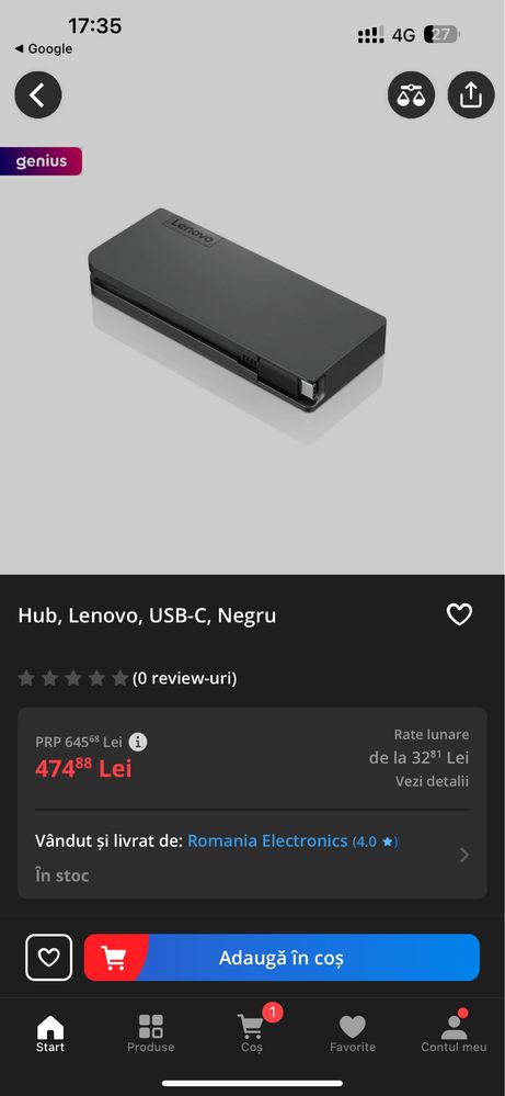Hub, Lenovo, USB-C, Negru