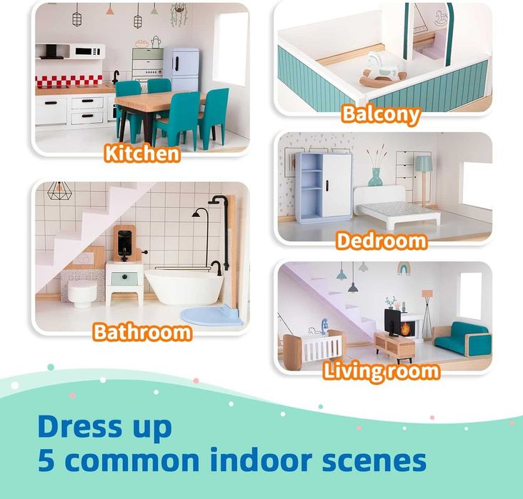Дървена къща за кукли OOOK с комплект мебели, 4 семейни кукли и куче