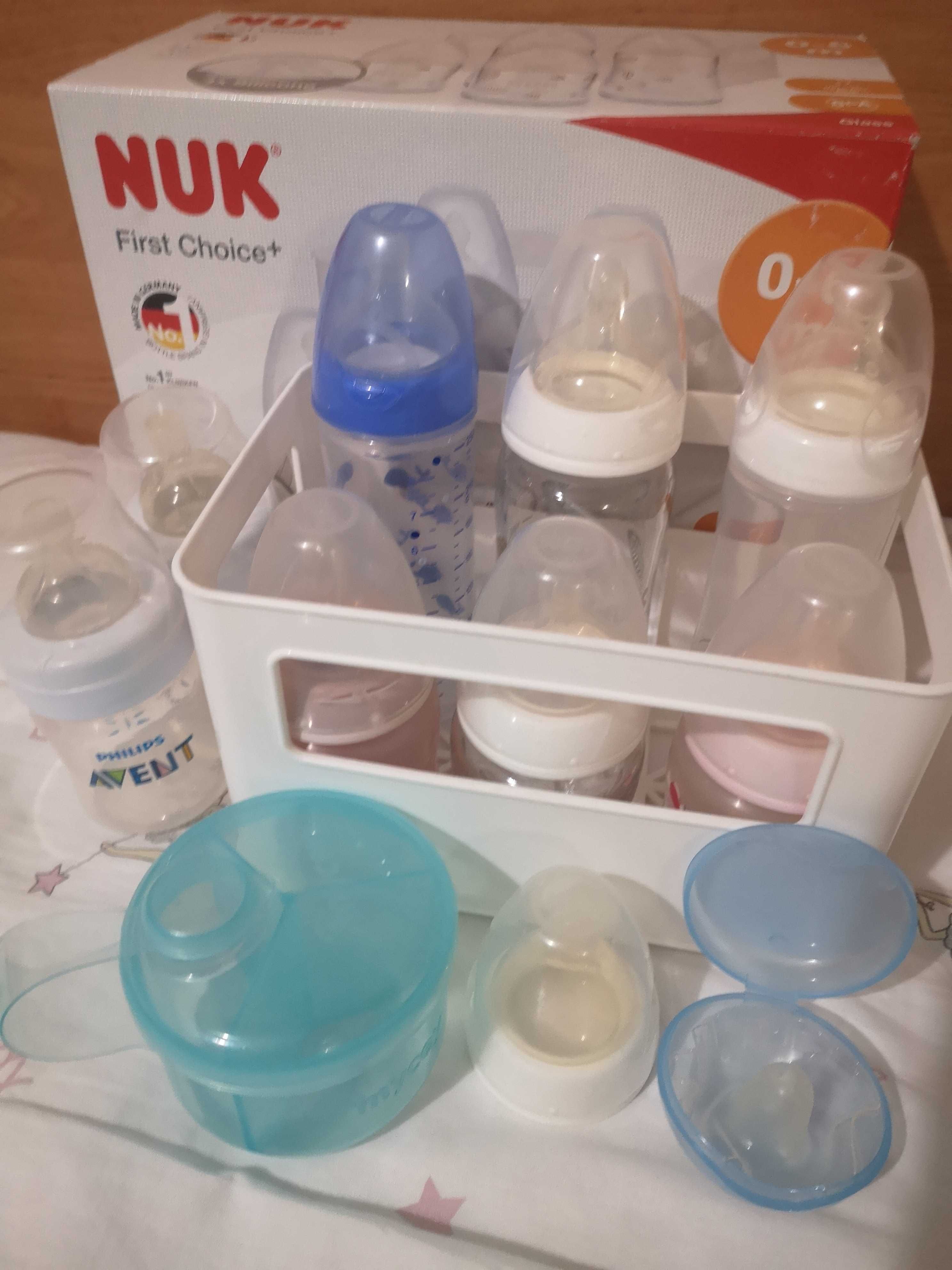 Сет бебешки шишета Nuk + силиконови зърна и кутия за сухо мляко