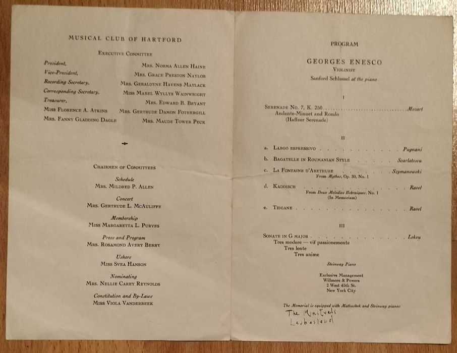 Autograf George Enescu, 1938