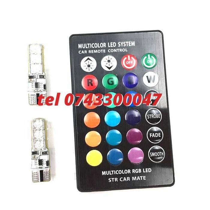 Nou Kit 2 Becuri Led T10 Auto Pozitie 6 Smd Multicolor Rgb Cu Teleco