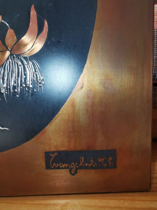 Антикварна картина от медно фолио авторско подписано изкуство на дърво