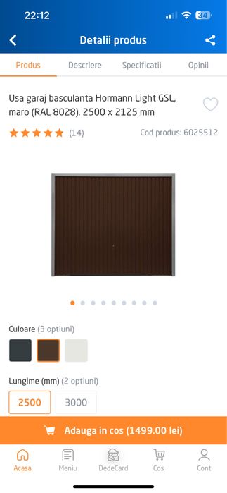 Usa garaj 2.50 m latime cu 2,12 inaltime