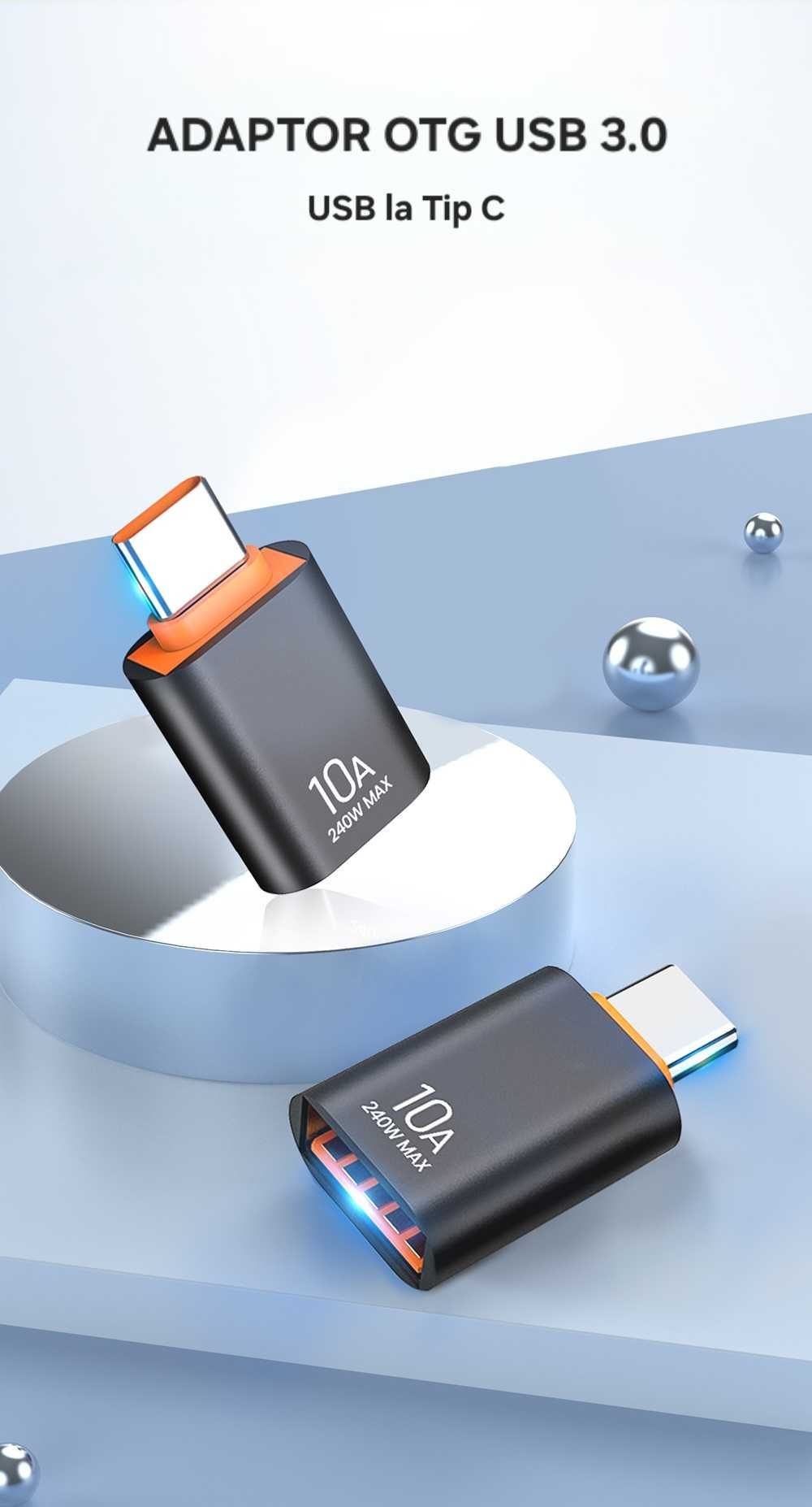 Set 3buc adaptor USB la TipC. Transfer fulger: 10Gbps. Fast charge.