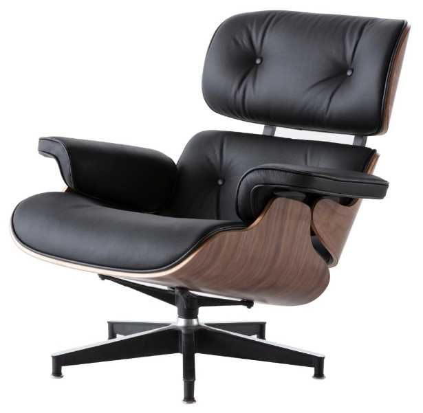 Fotoliu Eames Lounge cu Ottoman piele neagra furnir nuc marime TALL