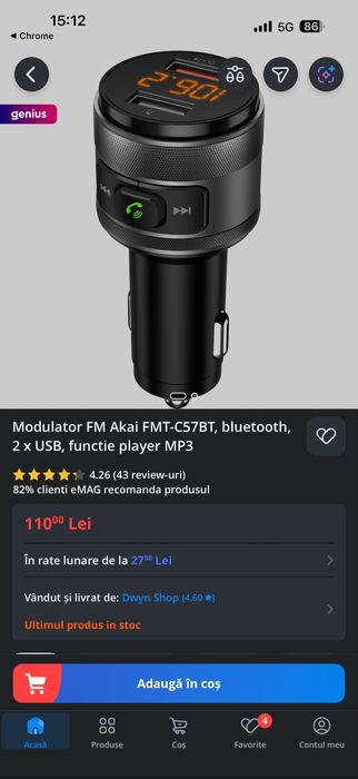 Modulator Bluetooth / MP3 / AKAI / FMT-C57BT / 2x USB