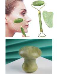 Гуа ша, ролер и гъбка за лице натурален зелен нефрит