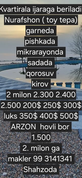 Kvartirala ijaraga beriladi