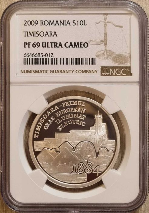 Moneda BNR 10 lei argint Timisoara primul oras... gradata NGC PF 69 UC