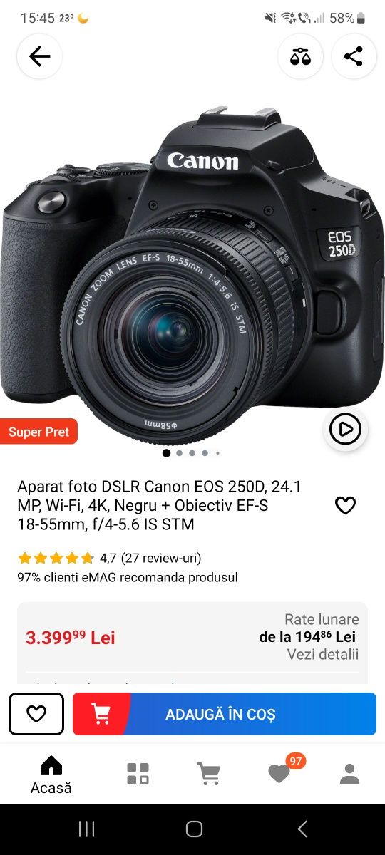 Aparat foto DSLR Canon EOS 250D, 24.1 MP, Wi-Fi, 4K, Negru + Obiectiv