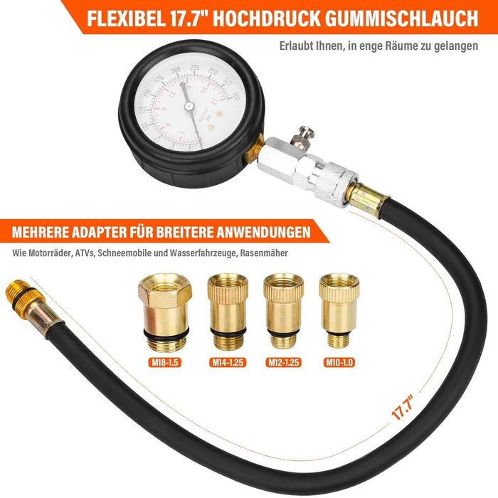 HATANSE тестер за компресия 0–20 bar с 4 адаптера (червен)