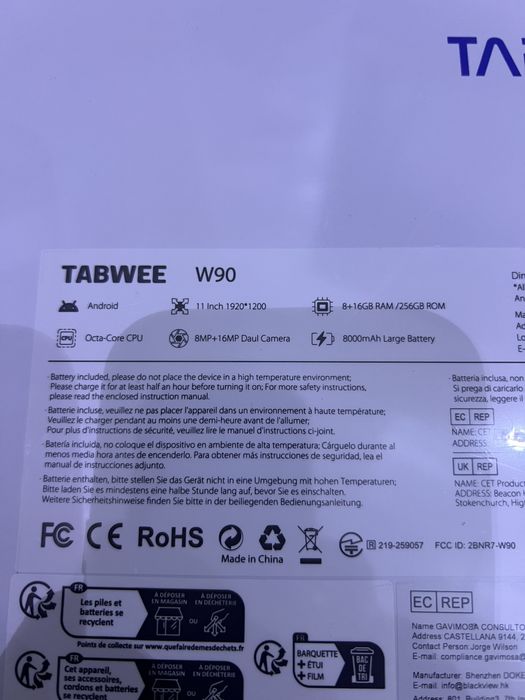 Tableta tabwee w90 256 gb 8 gb ram cu sim noua