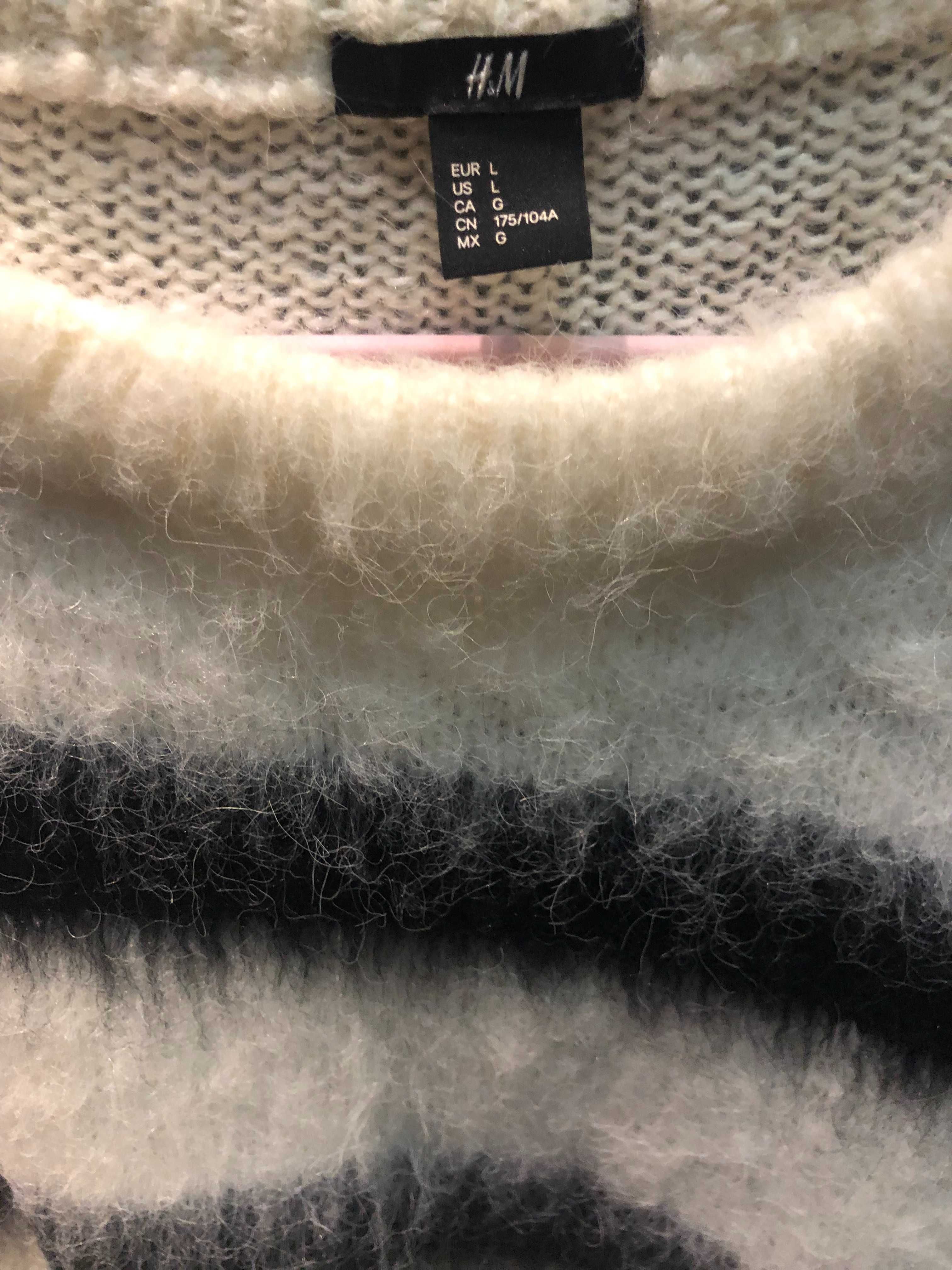 Pulover pufos scurt amestec lana alb dungi negre H&M nou