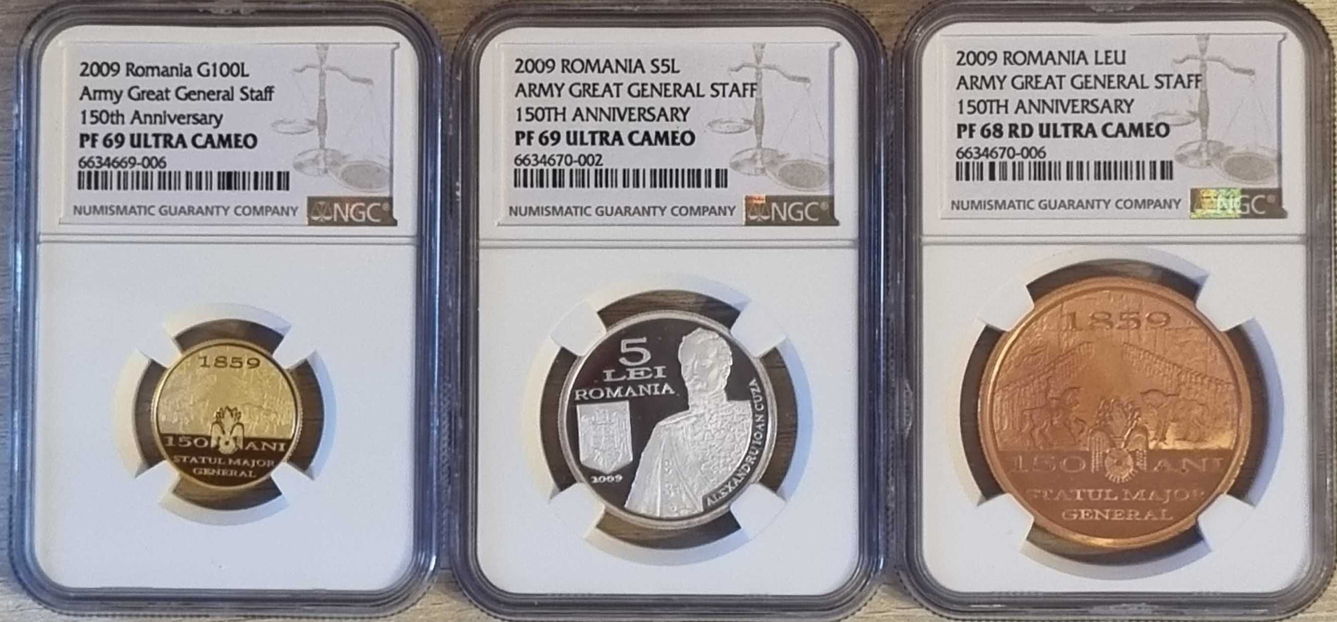 Set 3 monede BNR, aur, argint, tombac Statul Major General gradate NGC