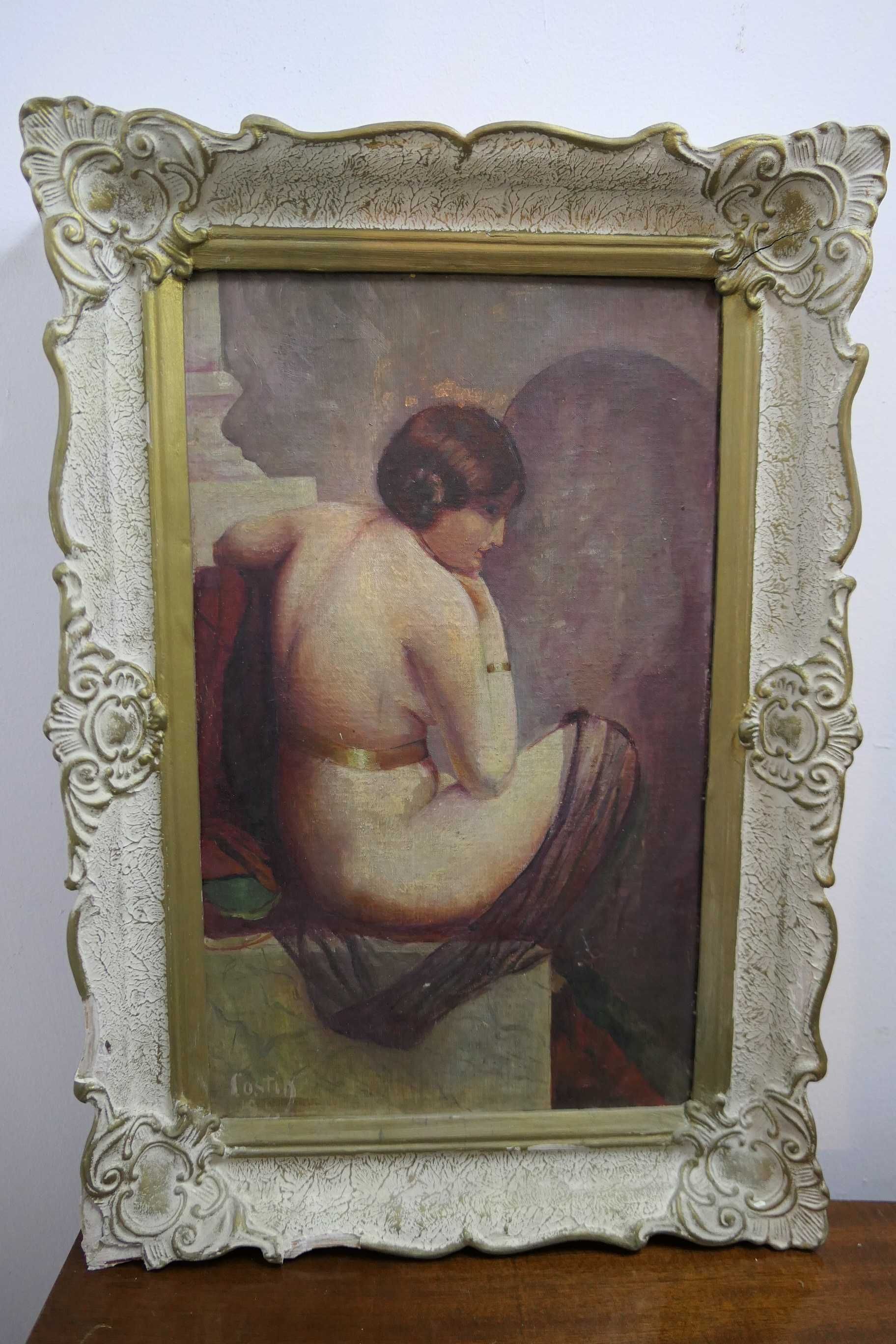 Costin 1918 Nud feminin Art Nouveau Deco Ulei/Carton Panzat Rama epoca