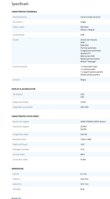 Camera video auto Mio MiVue C580, Full HD cu 60fps,HDR,Parcare pasivă