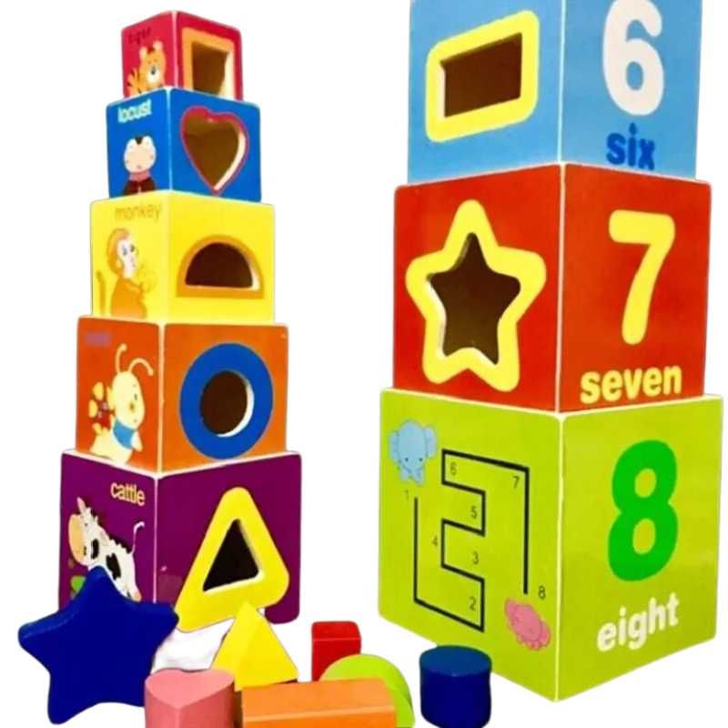 Jucarie Turnul din lemn format din 8 cuburi cu cifre, animale