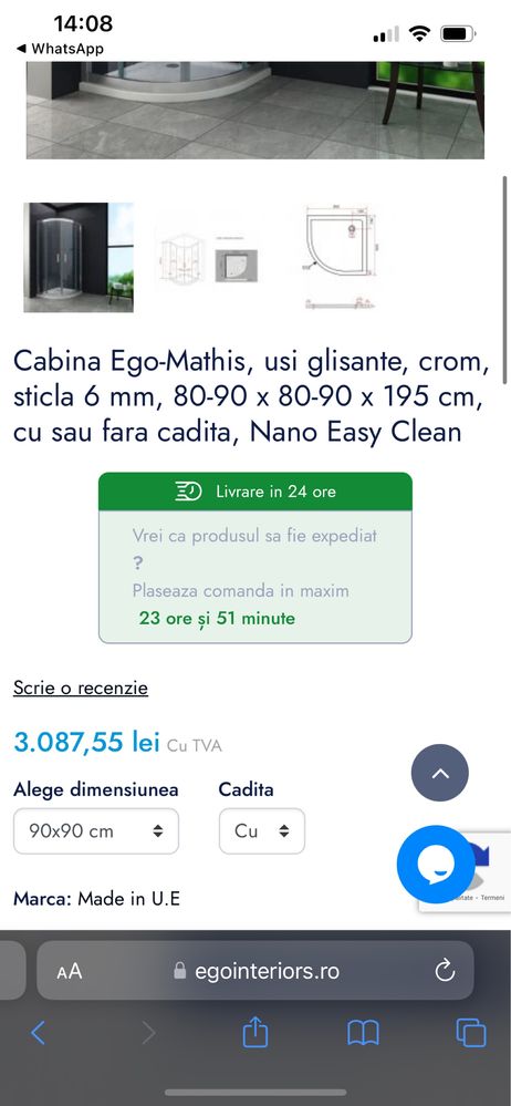 Cabina de dus cu cadita Ego-Mathis, usi glisante, crom, sticla 6 mm