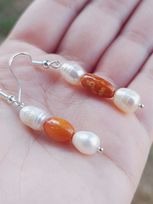 Vechi cercei din argint de 925, perle de cultura si chihlimbar