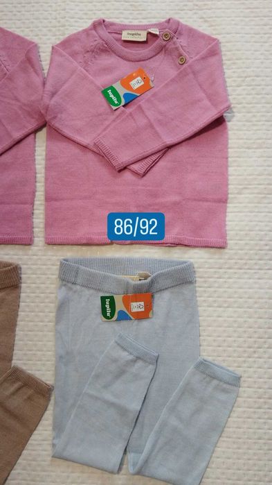Salopeta 86/92 bluza pantaloni lana merinos roz albastru