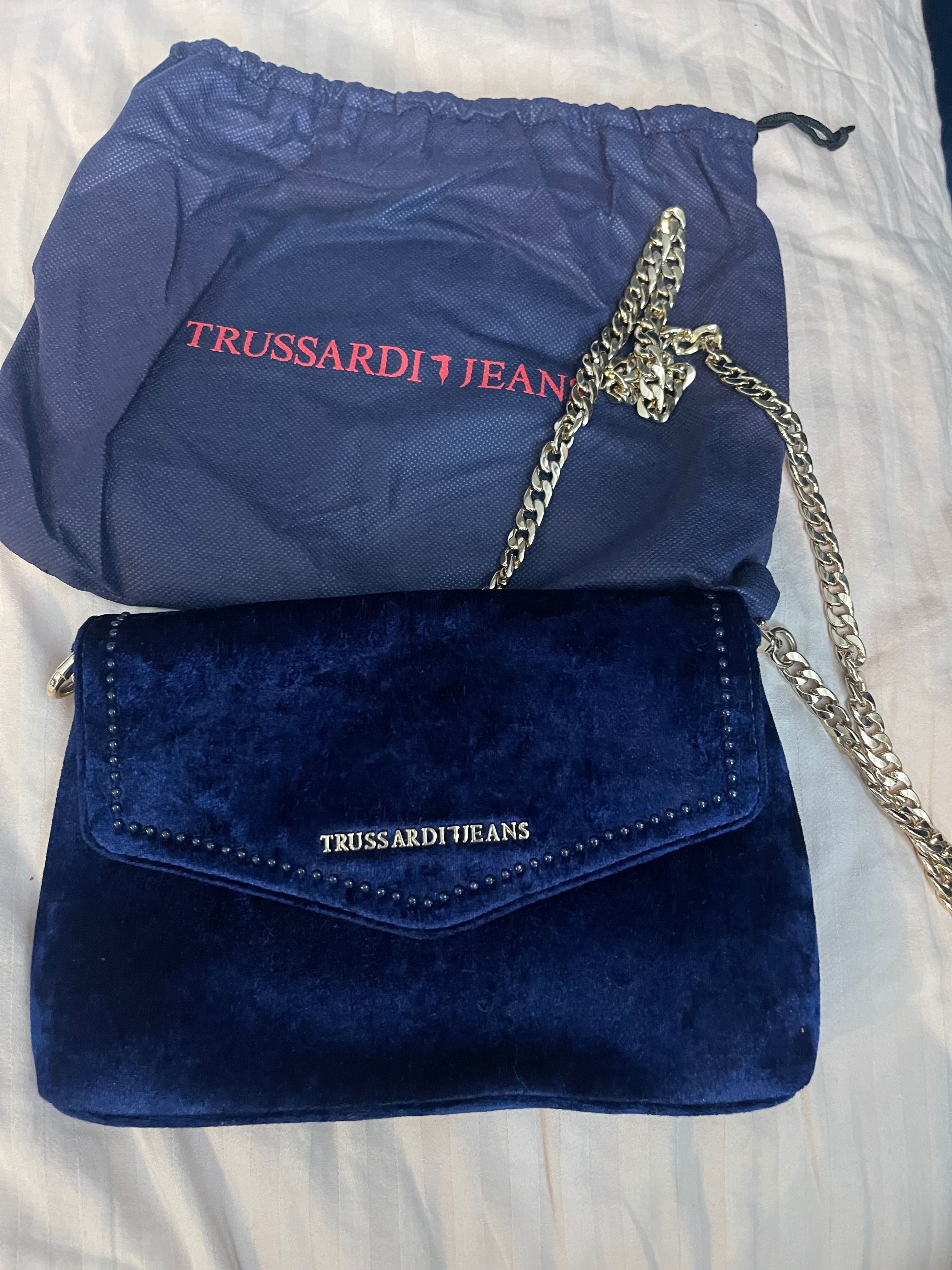 Тъмно синя кадифена чанта Trussardi jeans