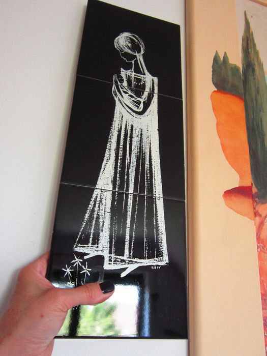 Craciun cadou rar  Maria cu pruncul  MidCentury stilizat pictat semnat