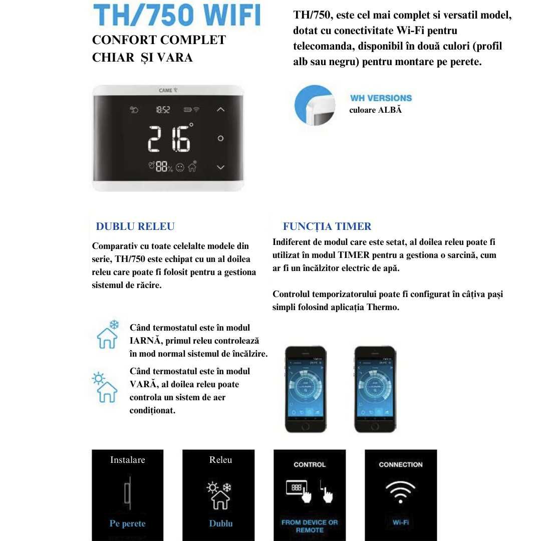 Termostat CAME TH/750 WH WIFI, senzor pardoseala