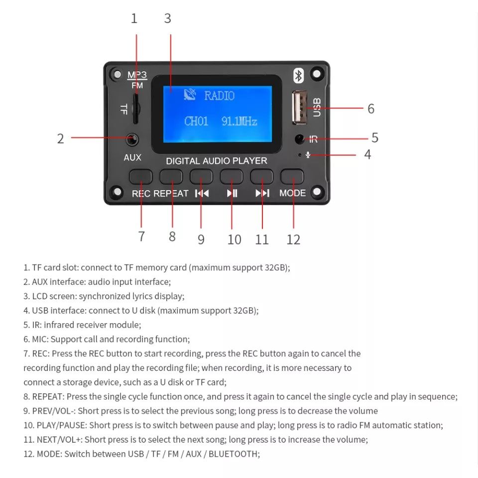 МП 3 плеър, 12V AIYIMA за вграждане, Bluetooth 5.0 Led, папки, Tf, USB