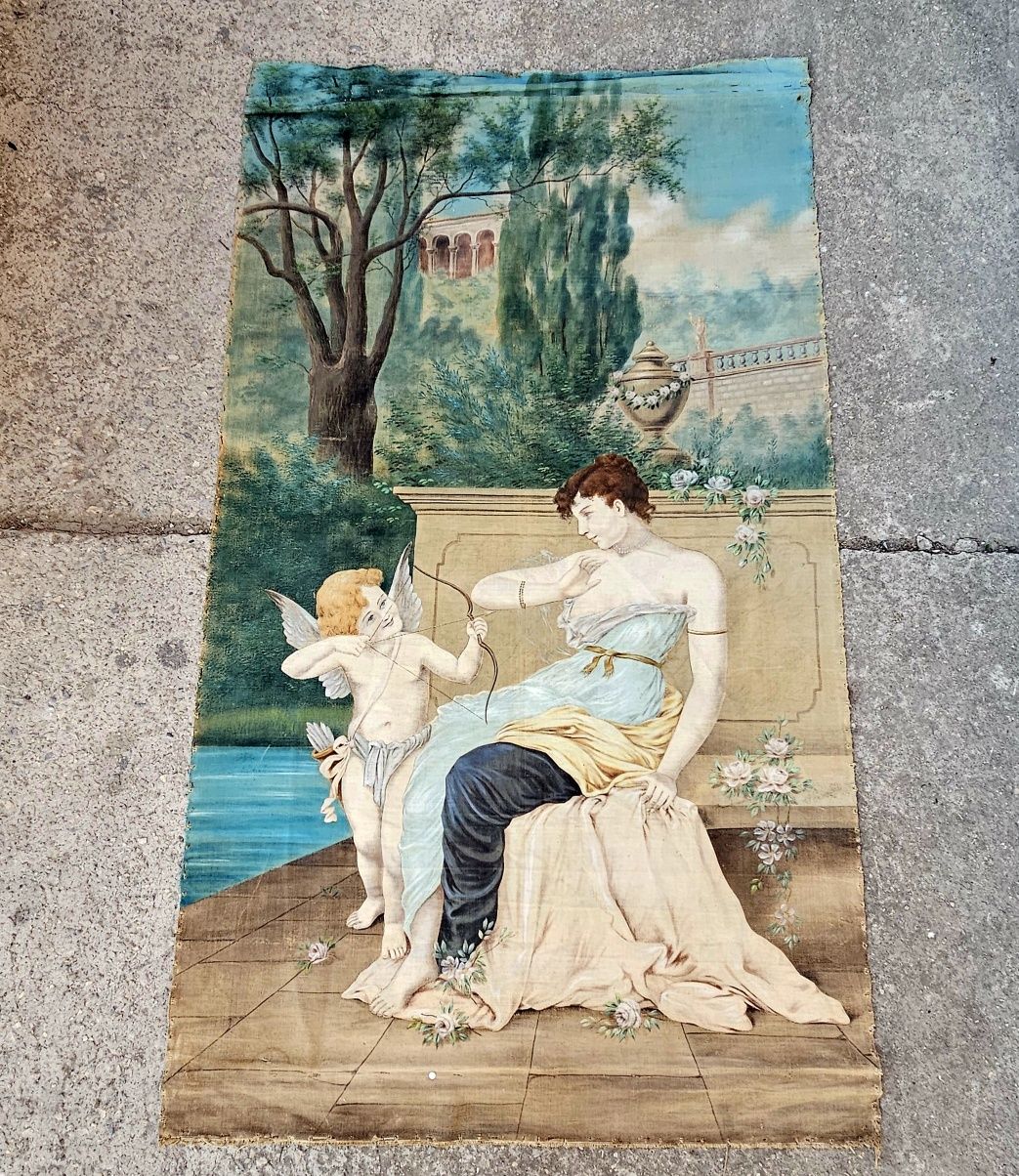 картина, купидон и момиче в градина около 1900г